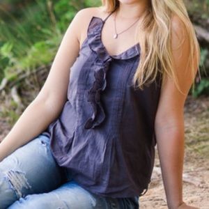 Anthro Dark Grey Purple Ruffle Tank Blouse